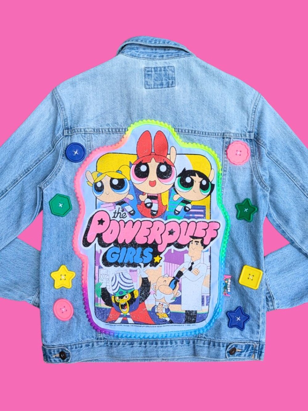 The Powerpuff Girls Upcycled T-Shirt Denim Jacket Size M